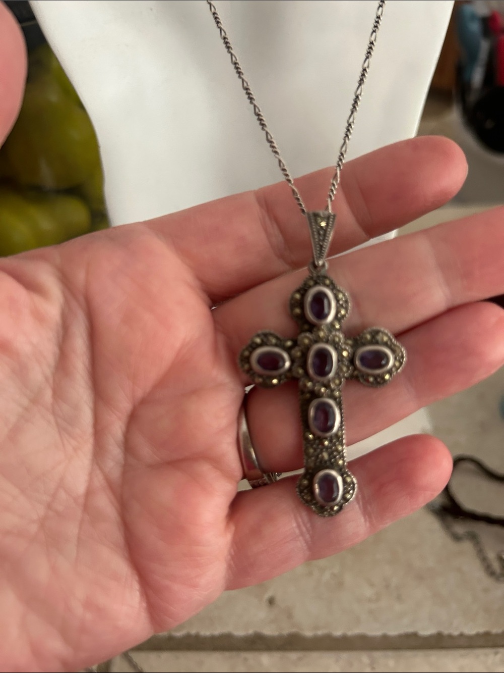 Silver Cross Pendant Necklace with Purple Stones